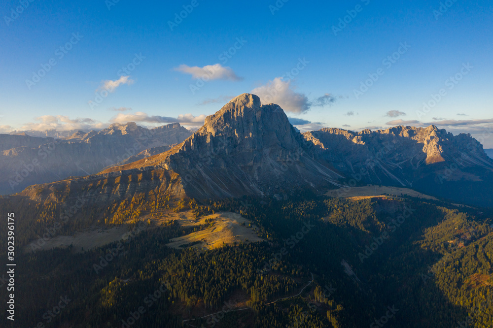 Plakat Aerial view of the valley and Mount Peitlerkofel during dawn. Dolomites in South Tyrol