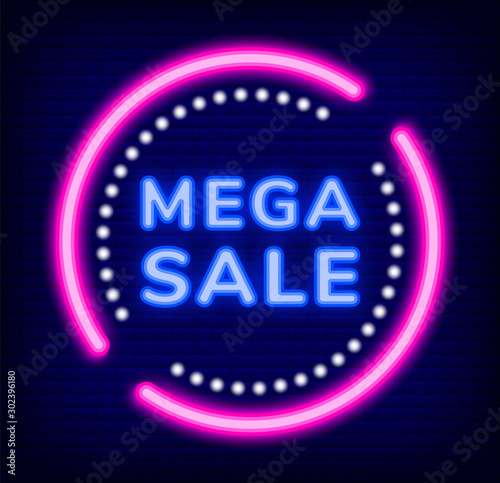 Mega sale neon signboard vector. Isolated coupon symbol in rounded glowing frame. Pink circle with dots and text inside. Design of price reduction banner for shop or store. Flat style illustration