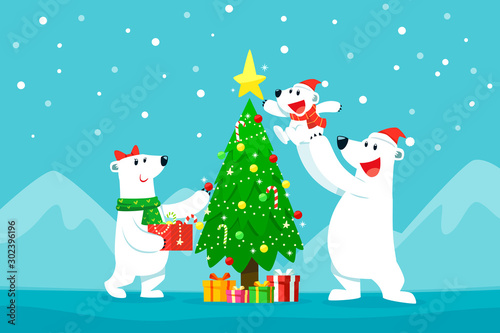 polar bear family decorating christmas tree