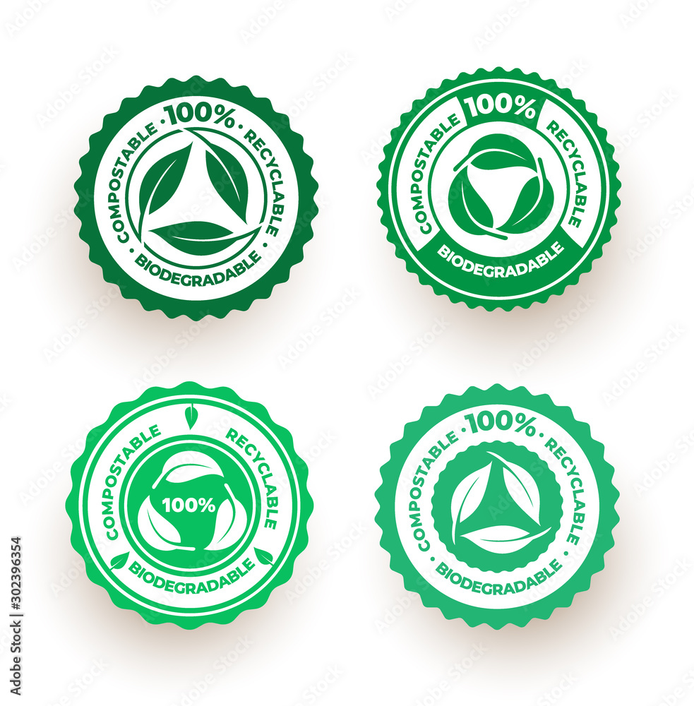 Set of biodegradable and compostable recyclable icon. 100 percent bio recyclable package green leaf logo design. Vector illustration. Isolated on white background. Set of biodegradable and compostable recyclable icon. 100 percent bio recyclable package green leaf logo design. Vector illustration. Isolated on white background.