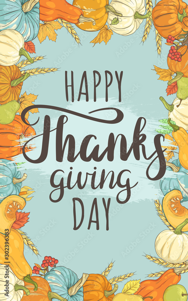 Fototapeta premium Banner Happy Thanksgiving Day . Vertical background with pumpkins, autumn leaves, etc.