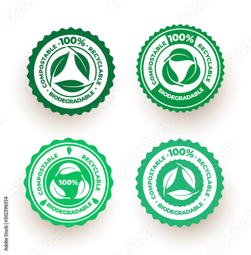Set of biodegradable and compostable recyclable icon. 100 percent bio recyclable package green leaf logo design. Vector illustration. Isolated on white background.