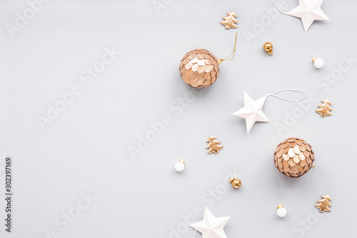 Christmas decoration on blue pastel background, top view, flat lay