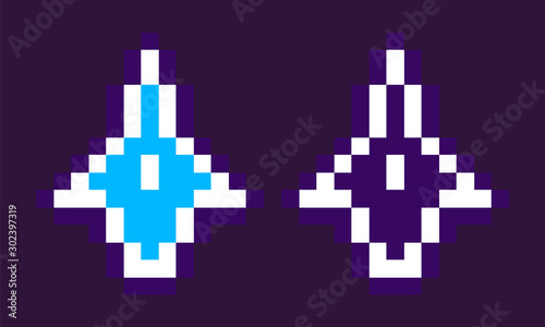 Cosmic rocket, squared neon spaceship, space pixel game, set of invaders on purple, galaxy equipment, collection of pixelated ships, alien vector