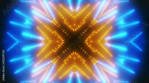 Beautiful Abstract Kaleidoscope Shape with Light Lines Moving Fast. Colors Blue Gold. Background Futuristic Tunnel with Led Screen Lights. Animation Disco Lights. Light Tunnel. Seamless loop. 4K