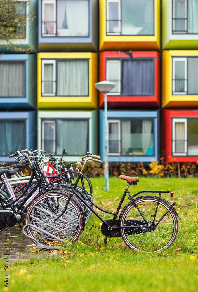 Modern colorful architecture with bikes in Almere city, Netherlands