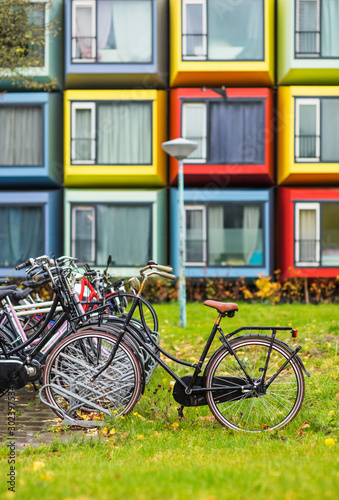 Photography Modern colorful architecture with bikes in Almere city, Netherlands