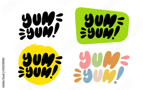 Yum Yum Black and white, colorful text. Only one single word. Printable graphic tee. Design doodle for print. Cartoon hand drawn calligraphy style. Vector isolated on white background_a