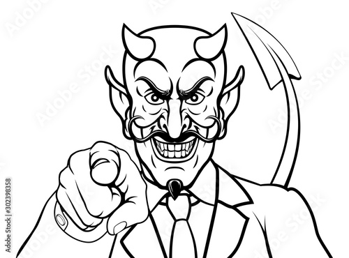 An evil devil or Satan businessman in business suit pointing at the viewer
