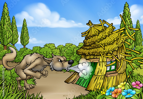 Big bad wolf character from the three little pigs fairy tale blowing down the straw house