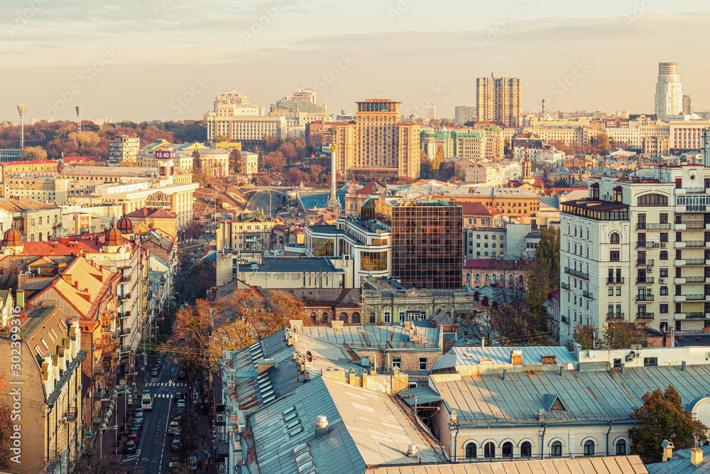 Aerial view of Kyiv city, center district with Maidan Nezalezhnosti, Ukraine
