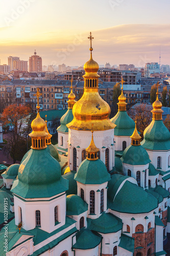 Saint Sophia Cathedral, inscribed on the World Heritage List, one of the main landmarks in Kyiv city, Ukraine. aerial view