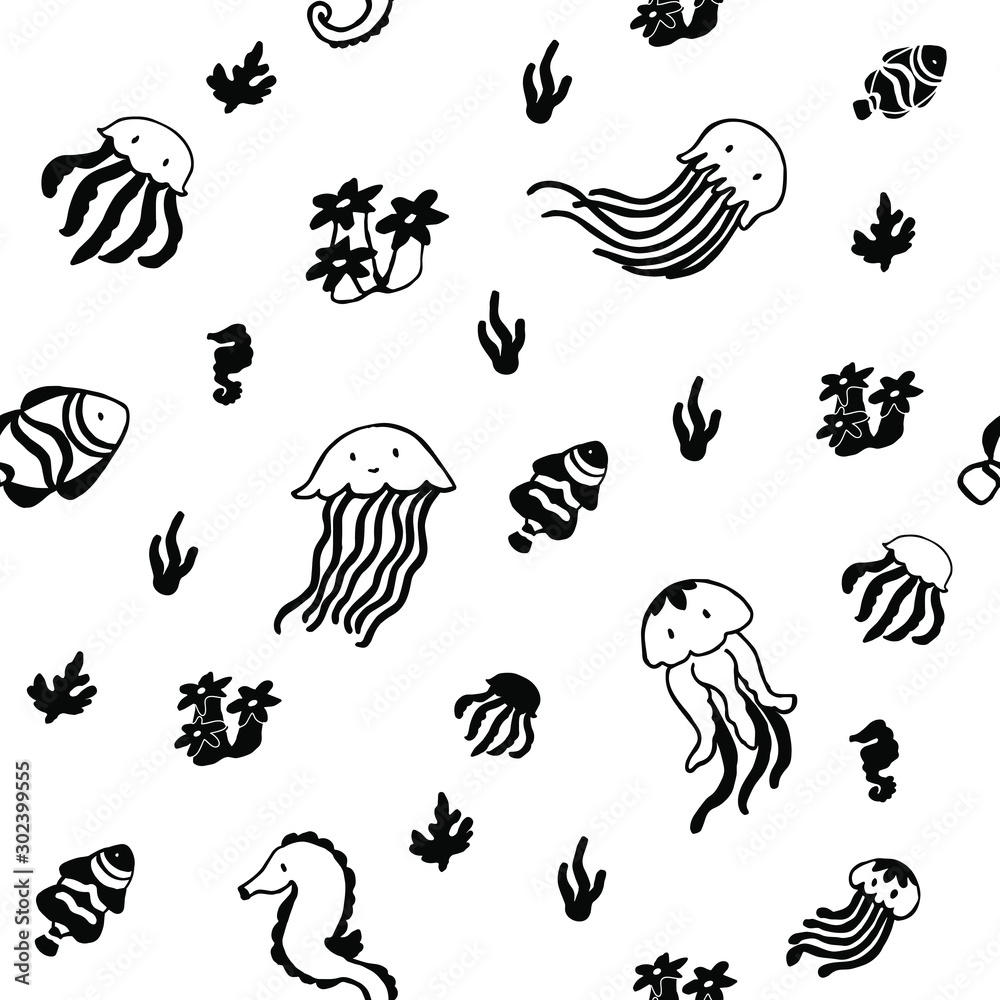 Fototapeta premium Cute sea and ocean life pattern with jellyfish, horsefish, clownfish, coral and seaweed, hand drawing.