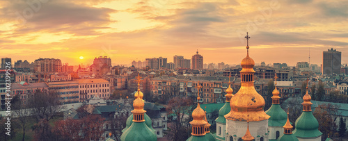 Aerial view of Kyiv city, St. Sophia Cathedral at sunset, Ukraine. Panoramic cityscape