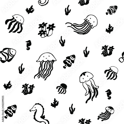 Cute sea and ocean life pattern with jellyfish, horsefish, clownfish, coral and seaweed, hand drawing.