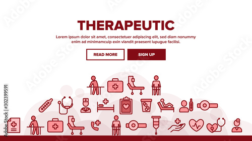 Therapeutic Landing Web Page Header Banner Template Vector. Sanitary Case And Nurse, Doctor And Patient, Tablet And List Therapeutic Illustration