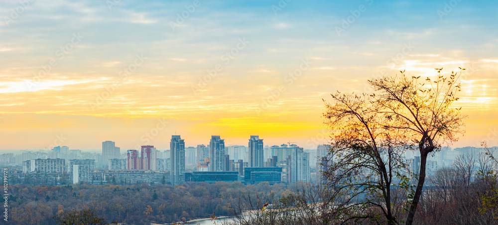 Panorama of Kyiv city and Dnipro river at sunrise in dawn, panoramic view to the colorful autumn cityscape in the morning, Ukraine - obrazy, fototapety, plakaty 