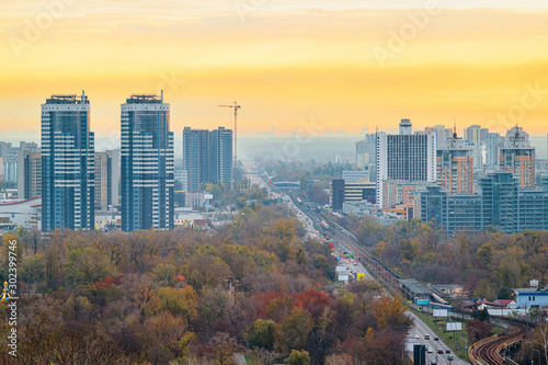 Kyiv city at sunrise in dawn  colorful autumn cityscape in the morning  Ukraine