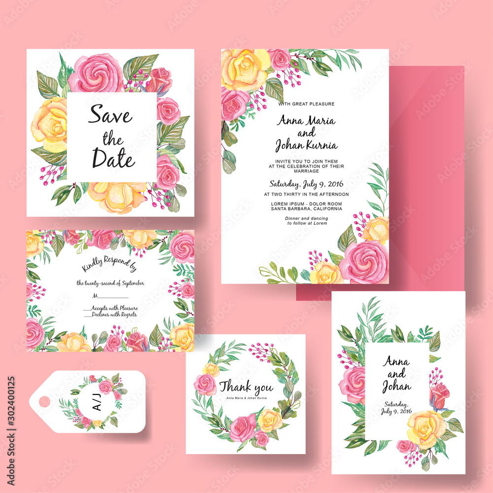 wedding invitation template of rose pink and yellow watercolor