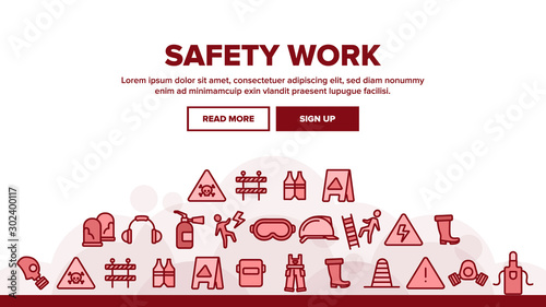 Safety Work Landing Web Page Header Banner Template Vector. Goggles And Earphones  Respirator And Clothes Equipment Tools For Safe Work Illustration