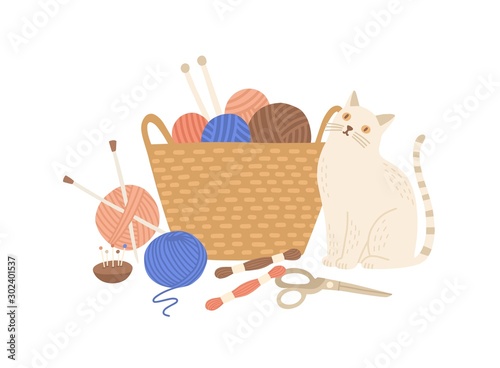 Knitting kit and cute cat flat vector illustration