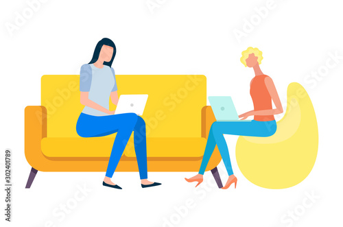 People developing business projects vector, woman and secretary helpers dealing with working tasks, character sitting on comfortable sofa and armchair