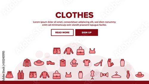 Fashion And Clothes Landing Web Page Header Banner Template Vector. Shoes, Hat, Clothing Varieties And Accessories Clothes Assortment Illustration