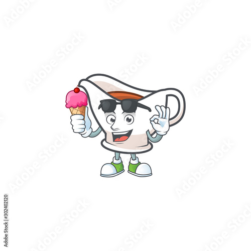 Cartoon gravy boat in the mascot with ice cream