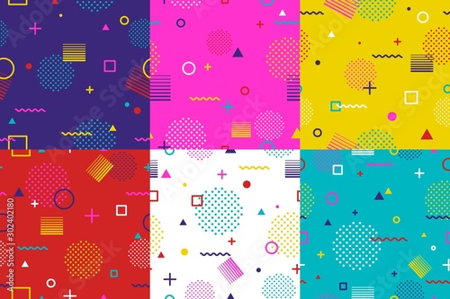 Set of abstract geometric seamless pattern in Memphis style. Fashion 80s-90s trends designs, Retro funky graphic with geometric shapes. Applicable for Banners, Placards, Posters, Flyers. Vector