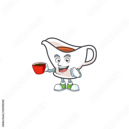 Cartoon gravy boat in the mascot drinking in cup