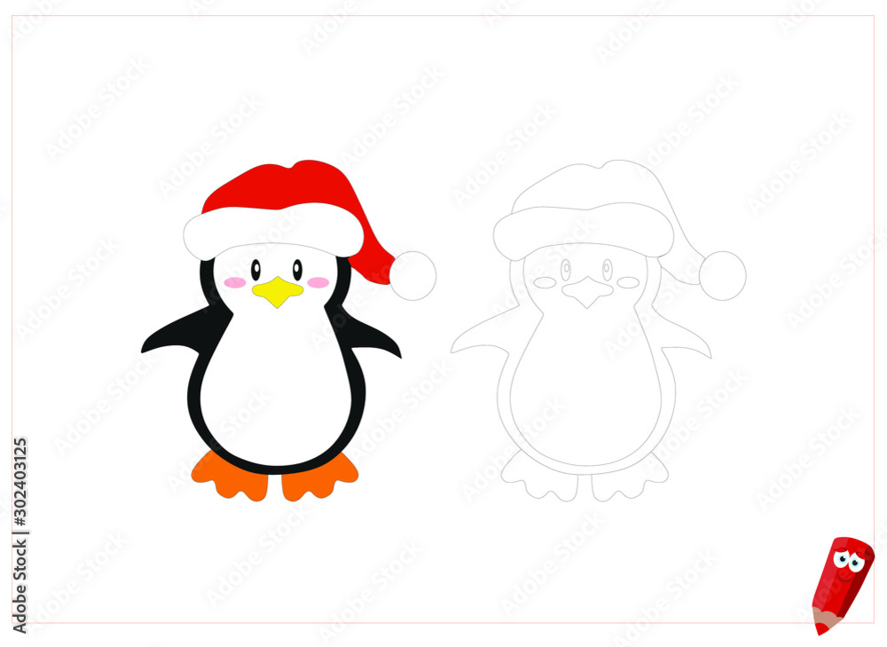 coloring page for children with examples. Educational game for children. Christmas penguin