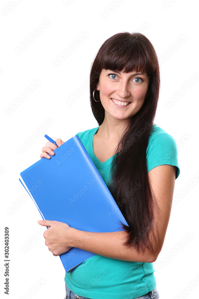 Smiling young woman holding a folder isolated on white Smiling young woman holding a folder isolated on white