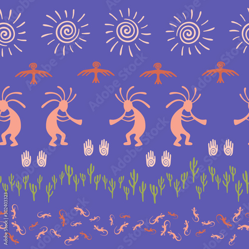 Folk, design with trickster god, swirl icons on human palm, sun, eagle.