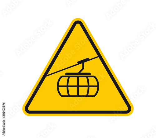 Vector yellow triangle sign - black silhouette cableway. Isolated on white background.