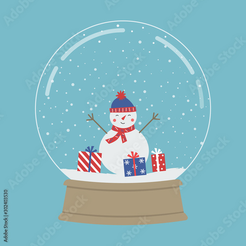 Snowman with gifts in a glass snow globe. Christmas souvenir. Vector illustration