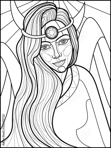 black and white illustration for self-coloring with the image of a fairy-tale heroine in the style of stained glass