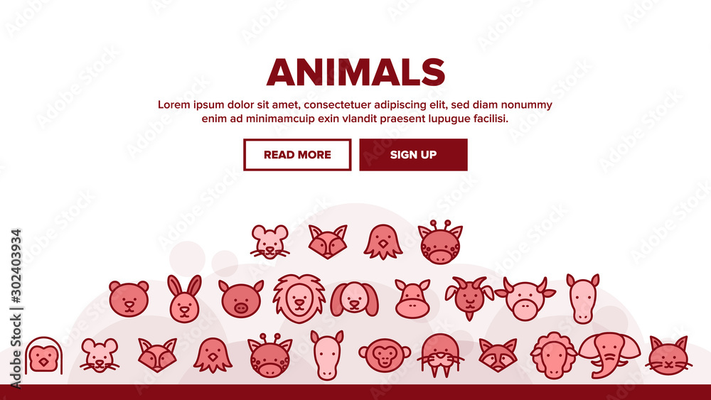 Animals Landing Web Page Header Banner Template Vector. Bear And Rabbit, Pig And Cow, Elephant And Lion, Monkey And Horse Animals Illustration