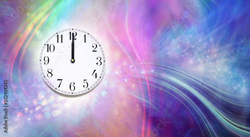 Happy New Year Midnight Clock Face Message Banner - party effect multi coloured fun looking sparkling bokeh background with  a clock face showing midnight on the left side and copy space on right photo