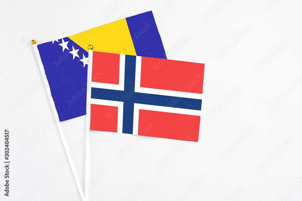 Norway and Bosnia Herzegovina stick flags on white background. High quality fabric, miniature national flag. Peaceful global concept.White floor for copy space. Norway and Bosnia Herzegovina stick flags on white background. High quality fabric, miniature national flag. Peaceful global concept.White floor for copy space.