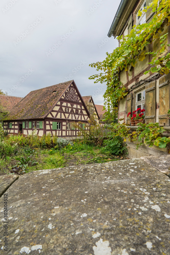 Bad Windsheim, Germany - 16 October 2019: View from a half timbered house in a german village.