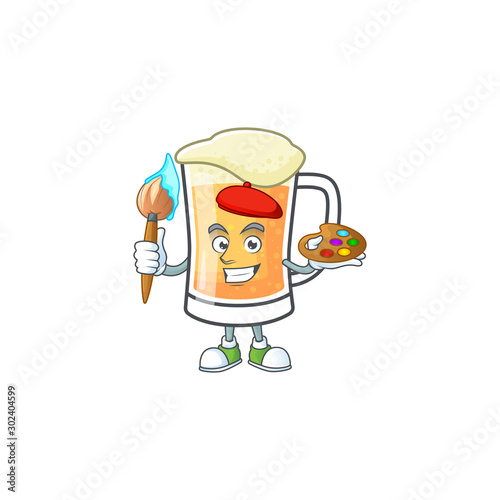 Cute mug of beer with painter mascot.