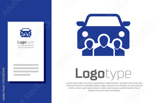 Blue Car sharing with group of people icon isolated on white background. Carsharing sign. Transport renting service concept. Logo design template element. Vector Illustration