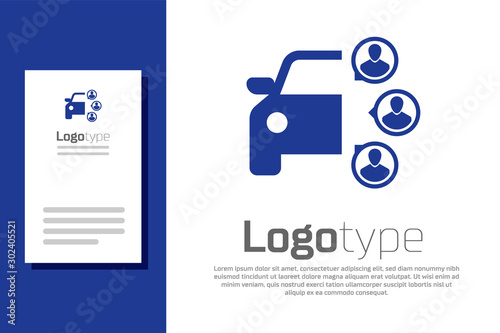 Blue Car sharing with group of people icon isolated on white background. Carsharing sign. Transport renting service concept. Logo design template element. Vector Illustration