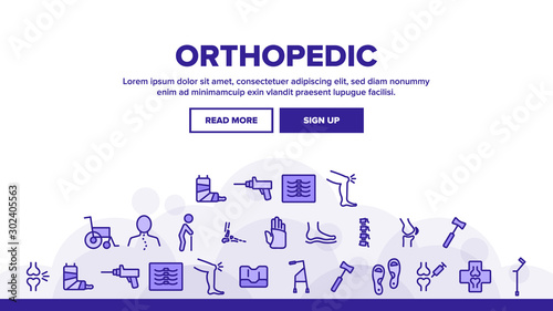 Orthopedic Landing Web Page Header Banner Template Vector. Orthopedic And Trauma Rehabilitation, Cervical Collar And Walkers Illustration