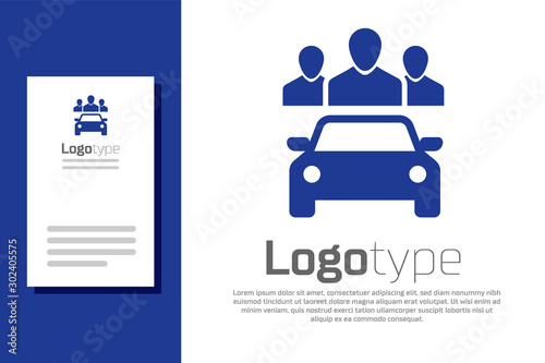 Blue Car sharing with group of people icon isolated on white background. Carsharing sign. Transport renting service concept. Logo design template element. Vector Illustration