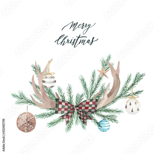 Greeting card with spruce branches, bow, horns, christmas decorations and tex...