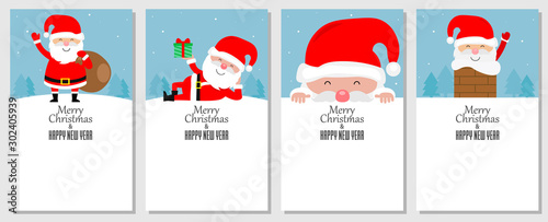 Christmas card set. Merry Christmas and Happy New Year greeting with cute santa claus lettering vector.