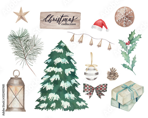 Watercolor set with christmas tree, branch, holly, gift boxes, lamp with a ca...