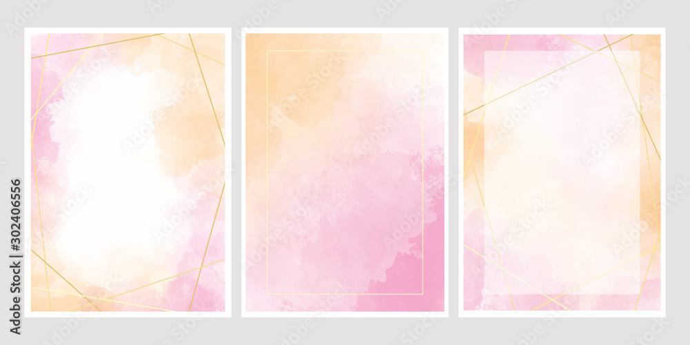 pink watercolor wash splash with golden frame 5x7 invitation card background template collection