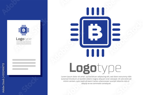 Blue CPU mining farm icon isolated on white background. Bitcoin sign inside microchip. Cryptocurrency mining community. Digital money. Logo design template element. Vector Illustration